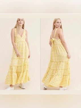 free people yellow gingham raw edges halter maxi dress